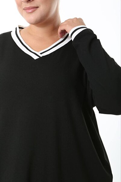 Butik Nilyam Women's Plus Size V-Neck Long Sleeve Lapel Wrist White Striped Detail Stretchy Blouse 25007