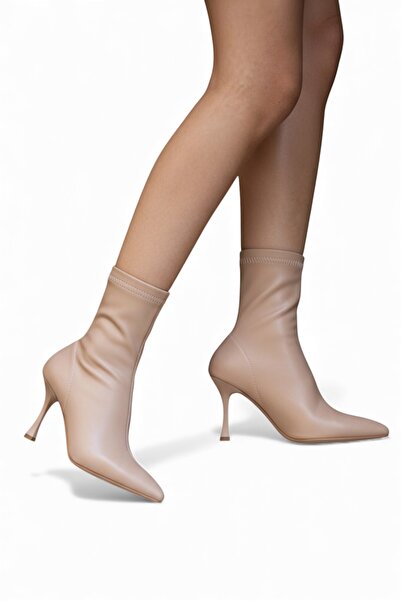 Cochines Mink Nude Stretch Boots Women's Thin Stiletto Heel Zippered Comfortable Casual Heeled Boots
