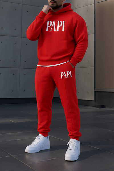 CLASSY.MODA Men's 3 Thread Sh Fleece-Lined Papi Lettering Tracksuit Set O Oversized Hoodie and Jogger Pants