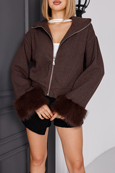 EsSo butik Brown Zippered Sleeves Fur Detailed Thessaloniki Knitwear Short Cardigan