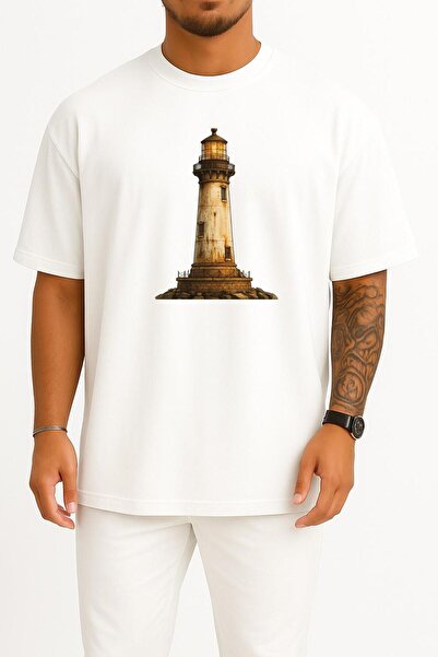 Bahriyeli Collection تي شيرت قصة فضفاضة للجنسين بتصميم شعار مصباح المنارة على...
