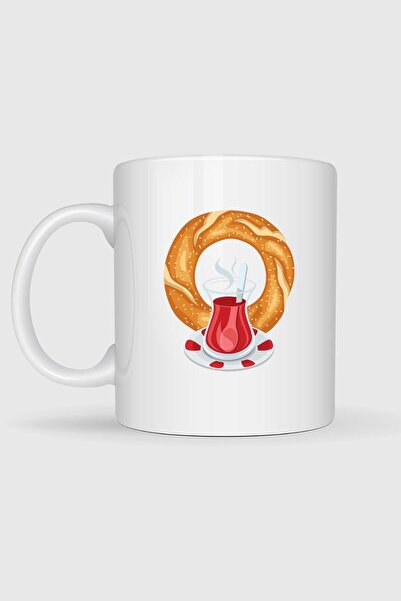 Bahriyeli Collection Simit and Tea Turkish Breakfast Design Mug Cup