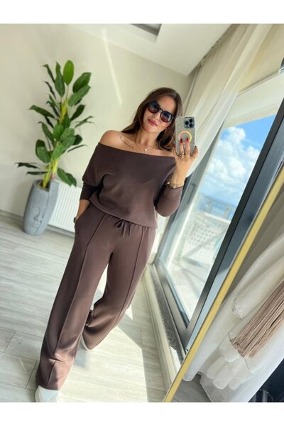 Viyamo Kadın Uzun Kollu Tek Omuzdan Açık Modal Bluz Ve Pantolon Ikili Takım