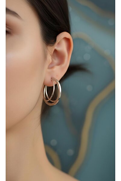 Accessories Geometrik Çift Katmanlı Düz Çizgili Halka Küpe Gümüş Rengi