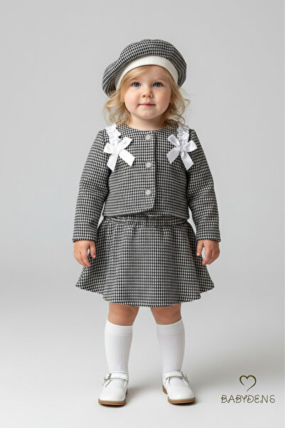 BABYDEN'S Baby Girl Houndstooth Patterned Skirt, Jacket, Hat Set, Lumberjack Fabric Winter 3-Piece Combination with Buttons and Bows