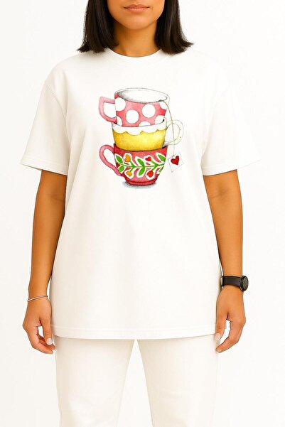 Bahriyeli Collection Oversized Teacup Coffee Mug Painting Chest Design Unisex T-Shirt