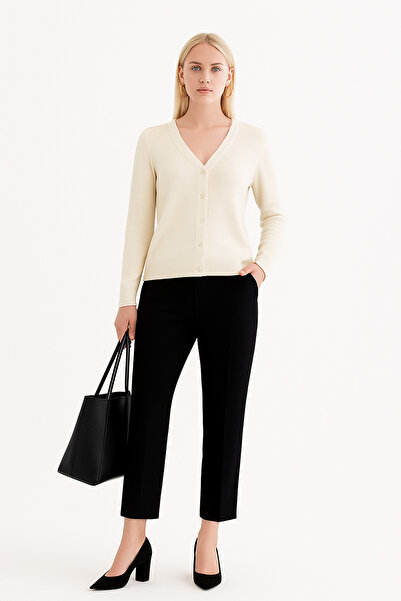 STYLENEST V-Neck Buttoned Basic Knitwear Cardigan Ecru Women's Cardigan