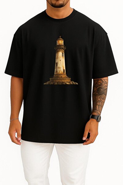 Bahriyeli Collection تي شيرت قصة فضفاضة للجنسين بتصميم شعار مصباح المنارة على...