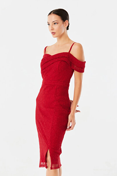 Lakshmi Red lace evening dress with sparkling reflections, short side slit, size S