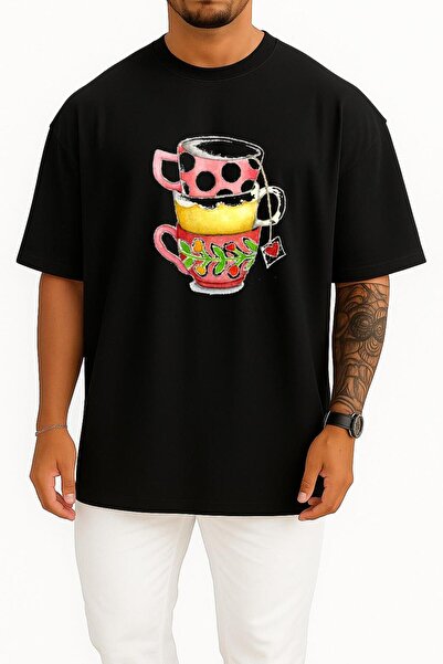 Bahriyeli Collection تي شيرت للجنسين بتصميم قصة فضفاضة أكواب قهوة مزخرفة على ...