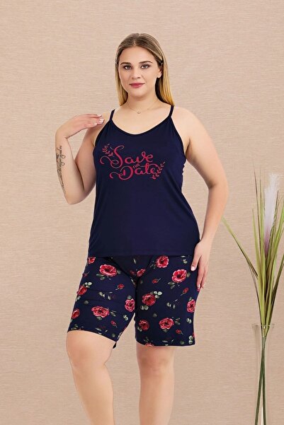 lidofya Plus Size Pajama Set with Rose Pattern and Thin Straps Shorts