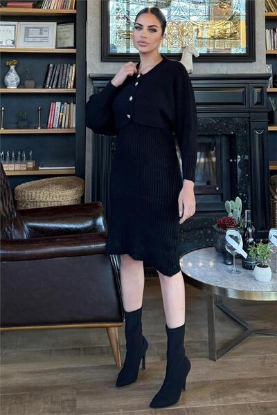 WeShaya Black Double Knitting Set - Dress & Cardigan