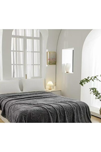 RALEX PUCIOASA Cocolino Fluffy Blanket with Butterflies, 3D Effect, 200x230 cm, Dark Grey
