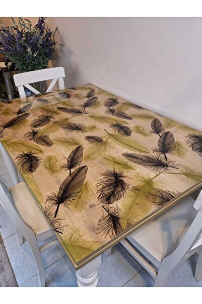 Başak Ev Tekstili Thick Pvc Table Protector – 1.2 mm Mica Cover, 80 cm Width, Black Gold Feather