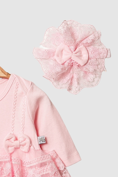MİNİBORN 3617 Baby Girl Long Sleeve Lace Powder Romper with Ribbon Detail Dress and Headband Set