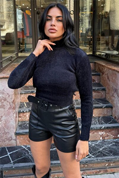 WeShaya Black Turtleneck Soft Textured Long Sleeve Knit Sweater