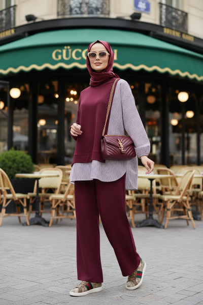 Aselim Hijap Moda Striped Shirt Detailed Tunic Double Suit |   Pocketed Wide Leg Burgundy