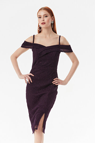 Lakshmi Rochie de seara mov din dantela cu reflexe sclipitoare, despicata scu...