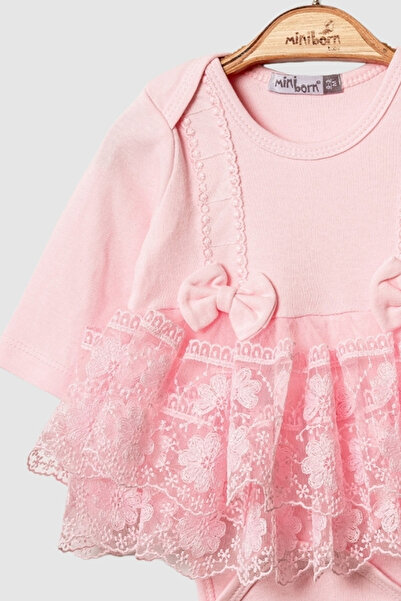 MİNİBORN 3617 Baby Girl Long Sleeve Lace Powder Romper with Ribbon Detail Dress and Headband Set