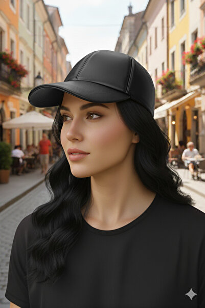 Etoile Studio Classic Black Color Plain Visor Leather Baseball Cap - Simple S...