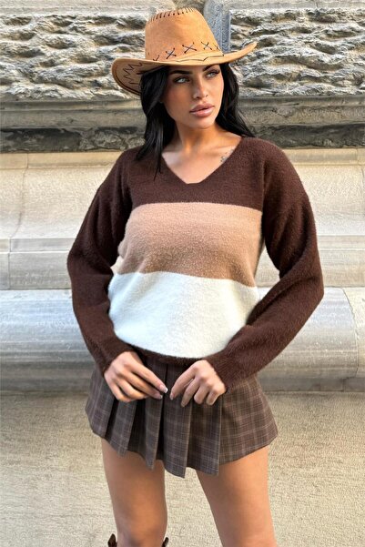 WeShaya Coffee striped v-neck sweater