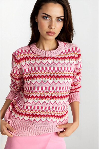 WeShaya Pink Shoulder Patch Patterned Round Neck Knit Sweater