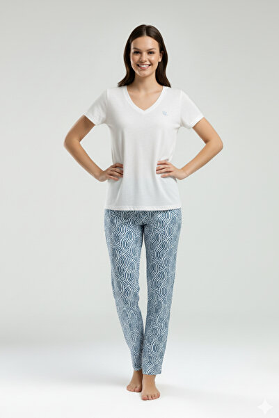 vory Women's Short Sleeve V-Neck Long Straight Leg 2-Piece Home Wear Pajama Set Vr.1.A32.R09.Y01