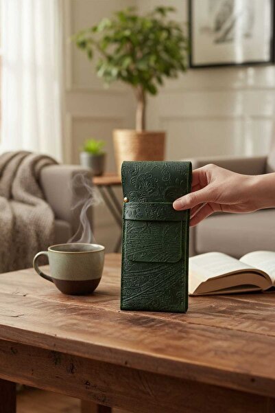 HELİSA ACCESSORİES حامل أقلام من الجلد الطبيعي باللون الأخضر، تصميم خاص مصنوع...