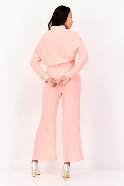 PROMOD Women Long Sleeve Plain Tie Waist Jumpsuit, Peach