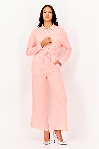 PROMOD Women Long Sleeve Plain Tie Waist Jumpsuit, Peach