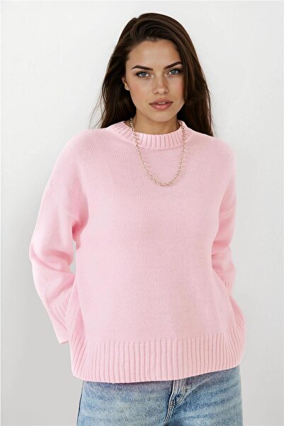 WeShaya سترة تريكو قصة فضفاضة باللون الوردي 100% من الأكريليك