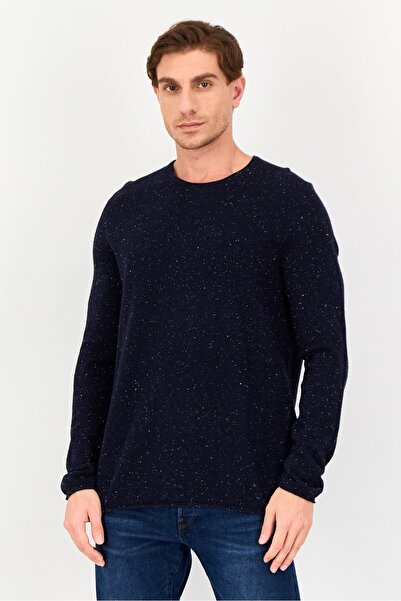 CELIO Men Crew Neck Textured Long Sleeve Sweater, Navy