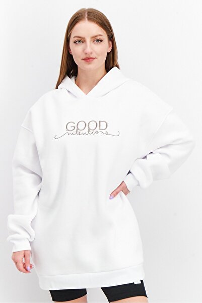 NA-KD Anika Teller x Women Embroidered Fleece Hoodie, White