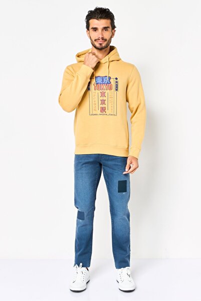 CELIO Men Graphic Print Long Sleeve Hoodie, Tan