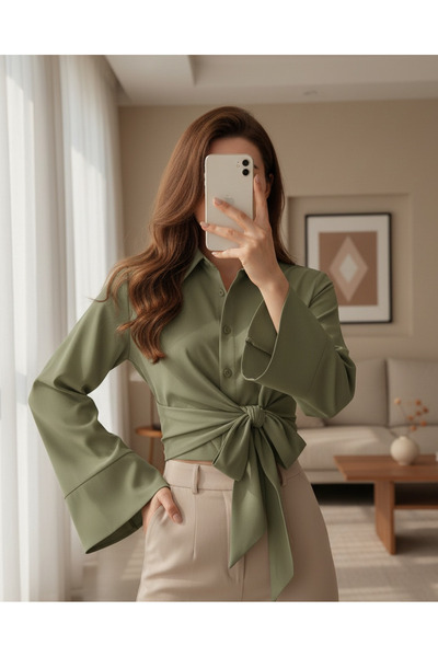 MissRunin Yan Bağlamalı Ispanyol Kol Düğmeli Gömlek