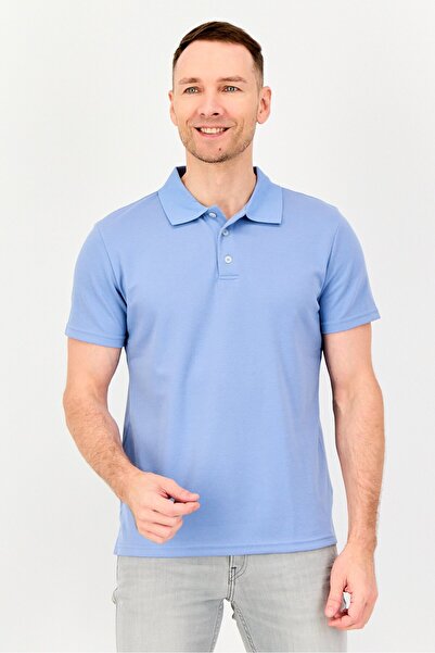 Algspar Men Spread Collar Plain Short Sleeve Polo Shirt, Blue