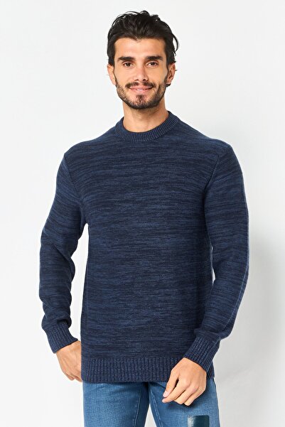 CELIO Men Crew Neck Textured Long Sleeve Sweater, Navy