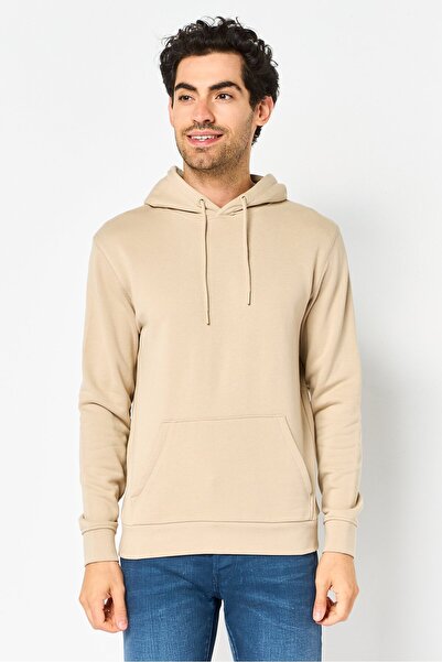 CELIO Men Solid Long Sleeve Hoodie, Light Taupe