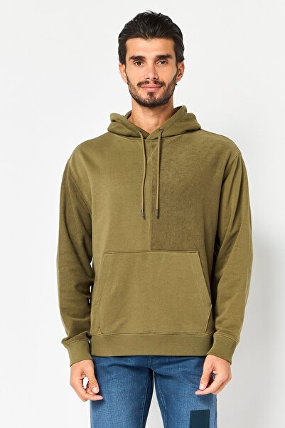 CELIO Men Textured Long Sleeve Hoodie, Dark Olive