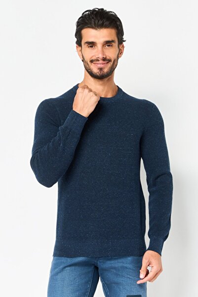 CELIO Men Crew Neck Textured Long Sleeve Sweater, Navy