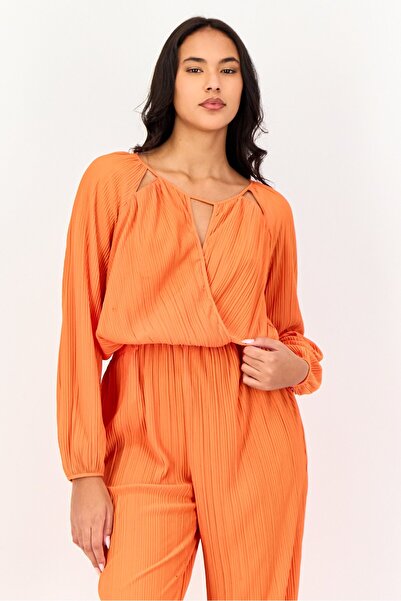PROMOD Women Textured Long Sleeve Jumpsuit, Orange
