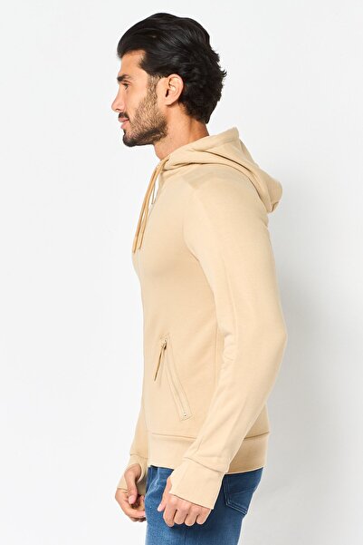CELIO Men Hooded Solid Long Sleeve Full Zip Jacket, Beige
