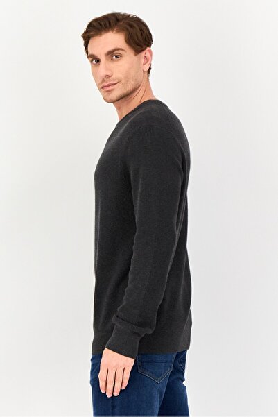 CELIO Men Crew Neck Textured Long Sleeve Sweater, Dark Grey