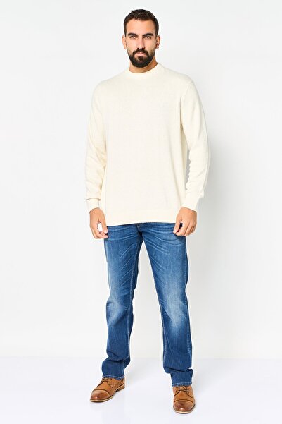 CELIO Men Crew Neck Textured Long Sleeve Sweatshirt, Light Cream
