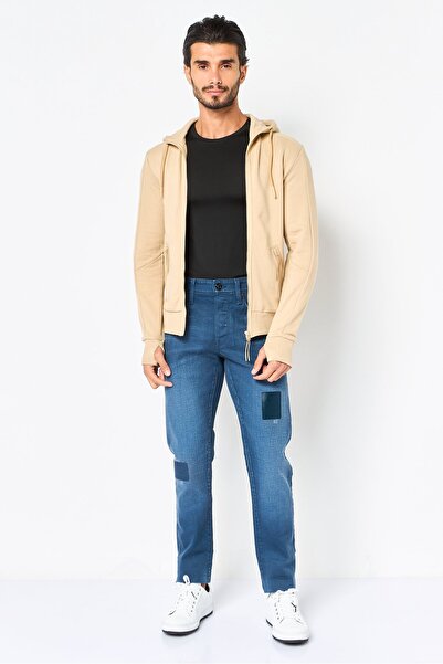 CELIO Men Hooded Solid Long Sleeve Full Zip Jacket, Beige