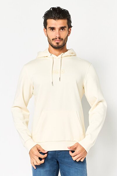 CELIO Men Embroidered Long Sleeve Hoodie, Ivory