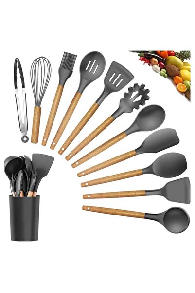 Generic طقم مطبخ مكون من 12 قطعة من ملاعق السيليكون ذات المقابض الخشبية المقاومة للحرارة (أسود)