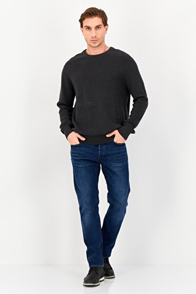 CELIO Men Crew Neck Textured Long Sleeve Sweater, Dark Grey