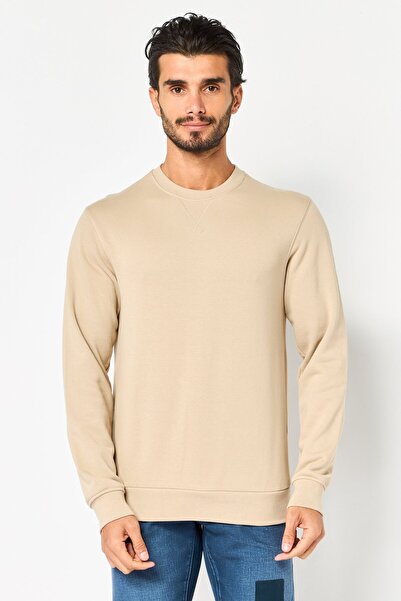 CELIO Men Crew Neck Long Sleeve Solid Sweatshirt, Light Taupe