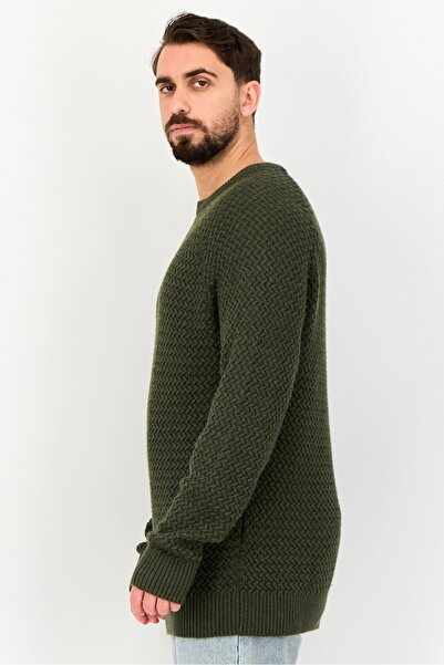 CELIO Men Crew Neck Knitted Sweater, Dark Olive